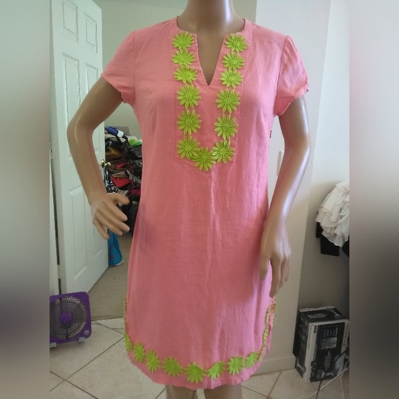 Sail to Sable Dresses & Skirts - NWOT SAIL TO SABLE LINEN Pink Mini Dress Green Floral Embroidery Sz XS PTP 18-19